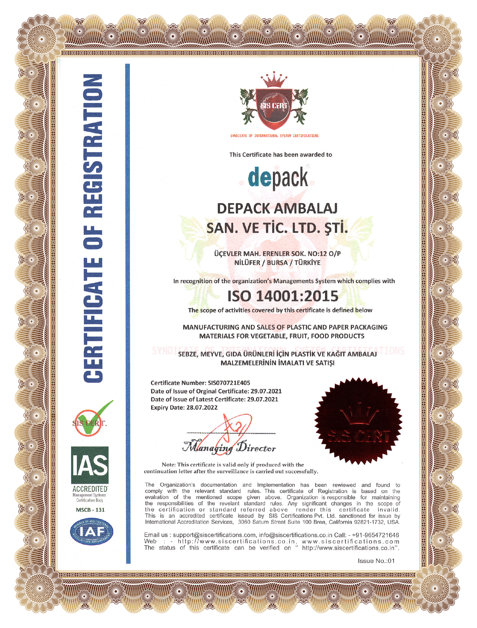 Depack ISO 14001:2015 Certificate