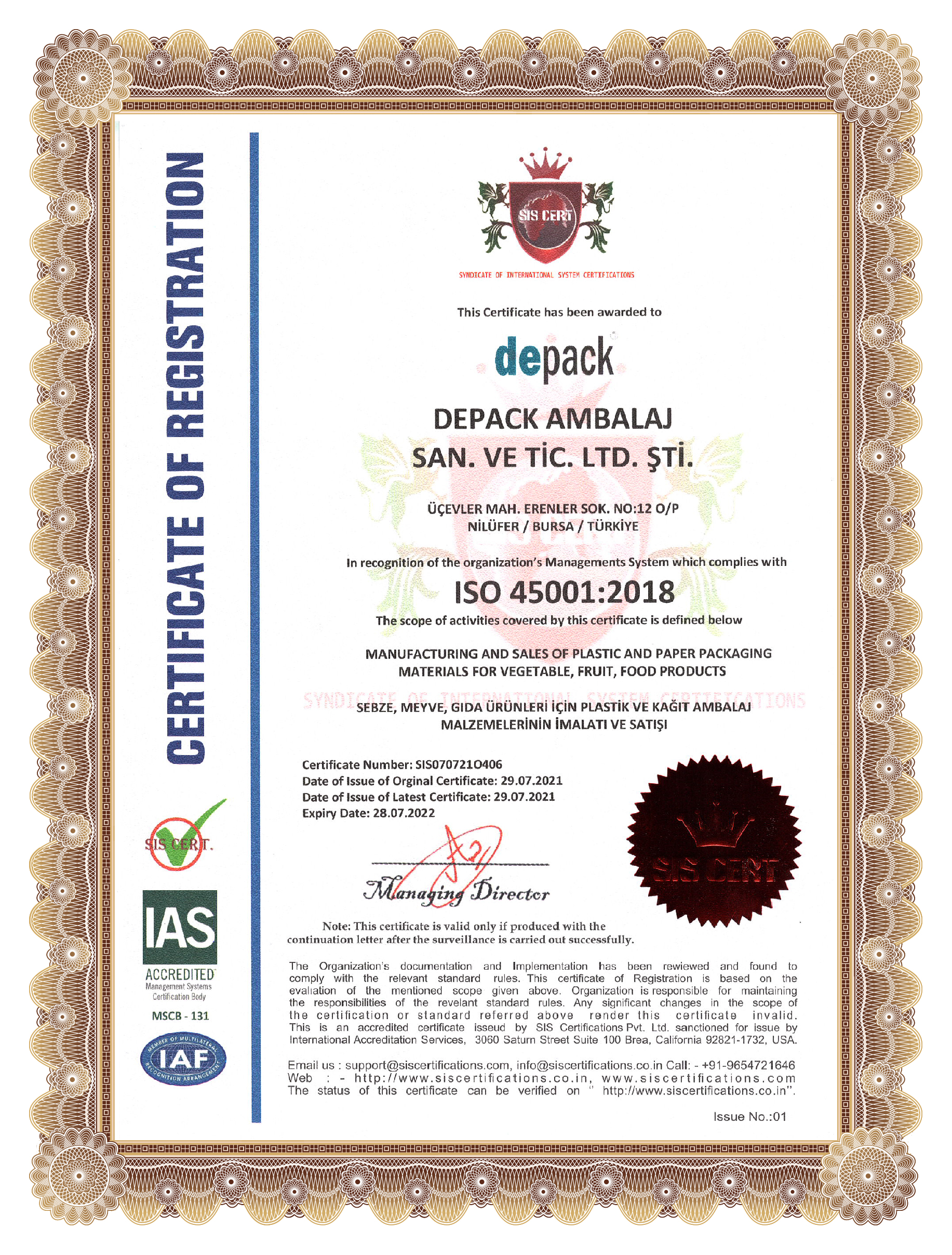 Depack ISO 45001:2018 Certificate