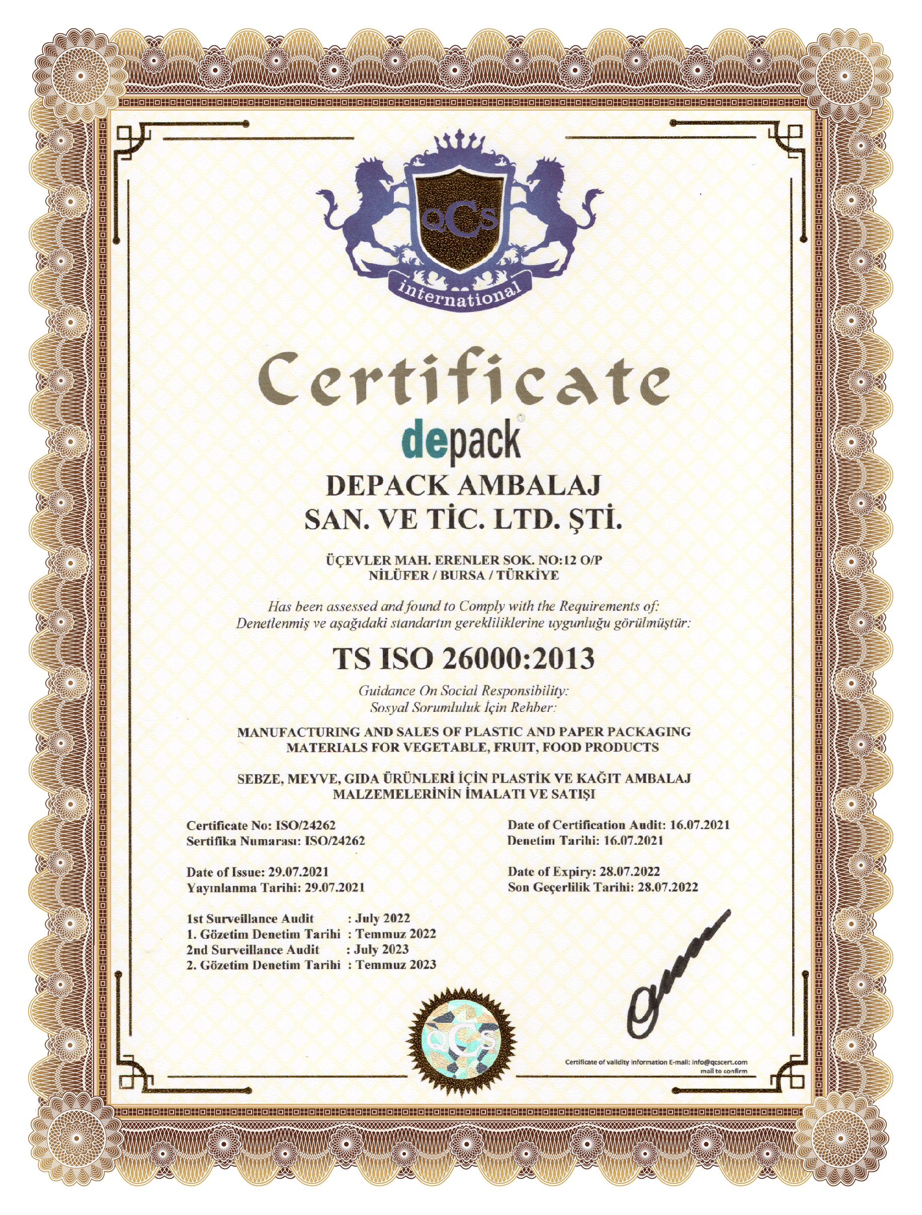 Depack TS ISO 26000:2013 Sertifikası